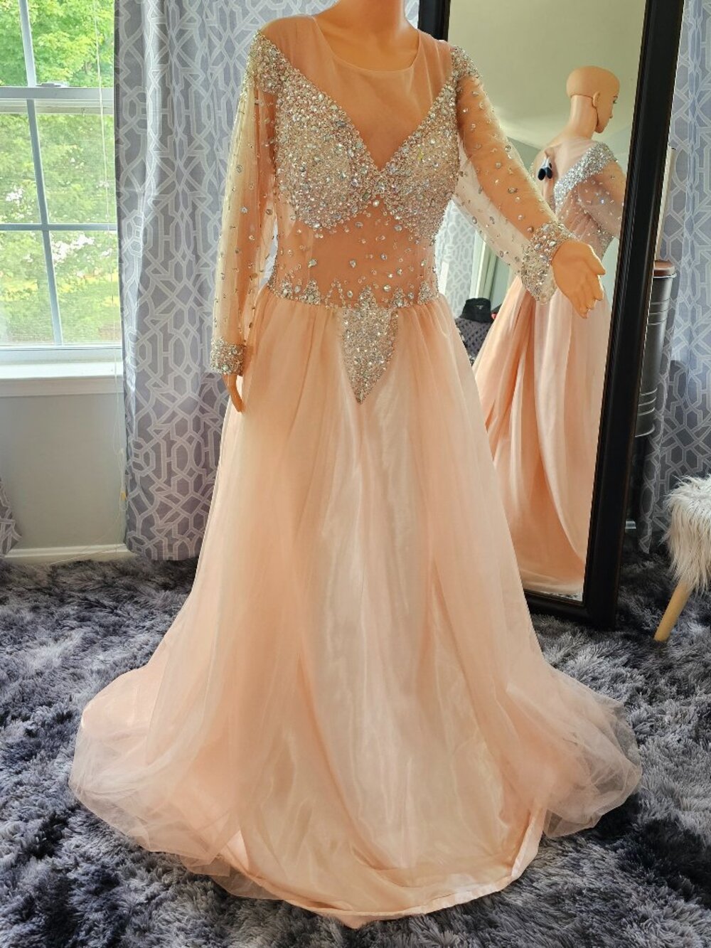 Rhinestone‑Embellished Peach Sheer‑Sleeve Gown